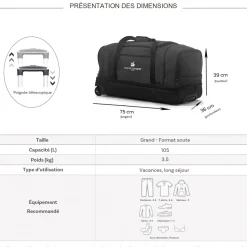 David Jones Sac de voyage à roulettes 105L double compartiment Taille L 75cm