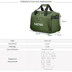 Cactus Sac de voyage 20L week-end et sport polyester format Ryan Air sans roulettes
